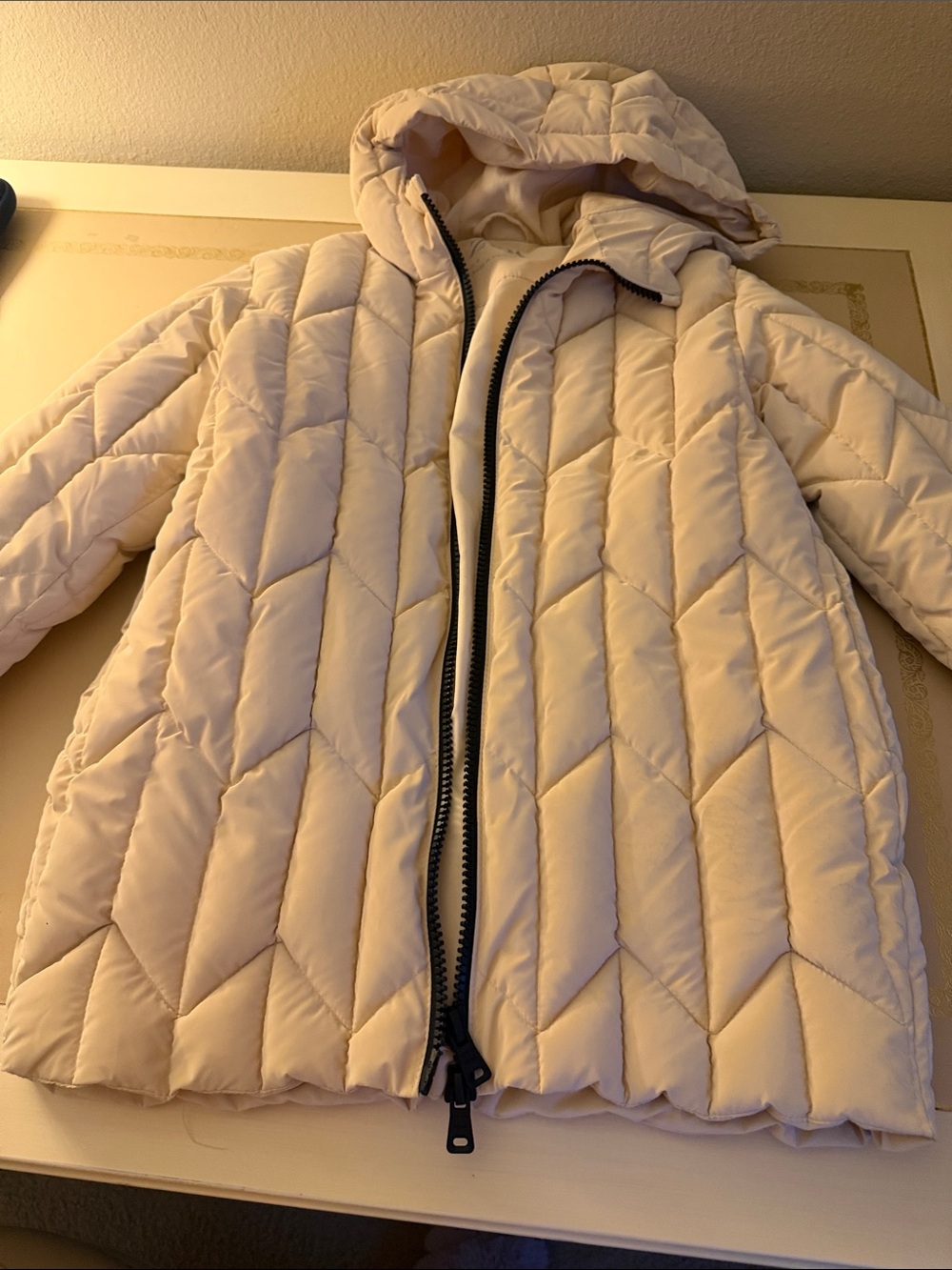 Zara Puffer Hooded Quilted Coat - Light Cream for girls